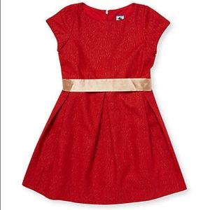 Box pleat cap sleeve dress in red sparkle tweed